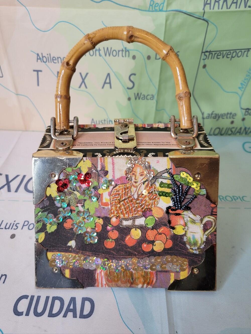 Artisan Embellished Bamboo Handle Cigar Box Bag - Multicolor Purse